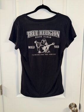True Religion Black Buddha Y2K  Revival Graphic Tee V-Neck Logo Top Size M